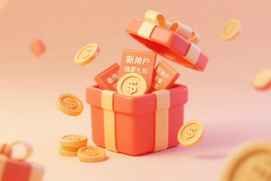 礼盒与金币元素结合，象征新用户获得的独家礼包和优惠，画面温馨且充满期待感