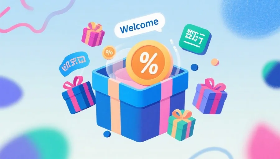 抽象风格展示多样化数字欢迎礼包、积分与虚拟礼品盒的创意合成插画