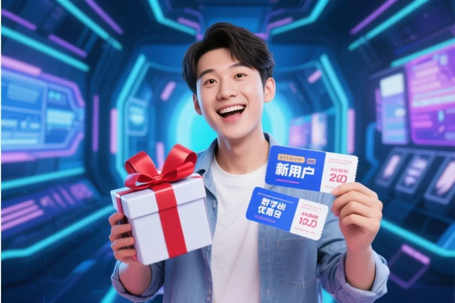 新用户展示收到的数字礼包和首存优惠券，背景为未来感数字场景，用户表情愉悦期待